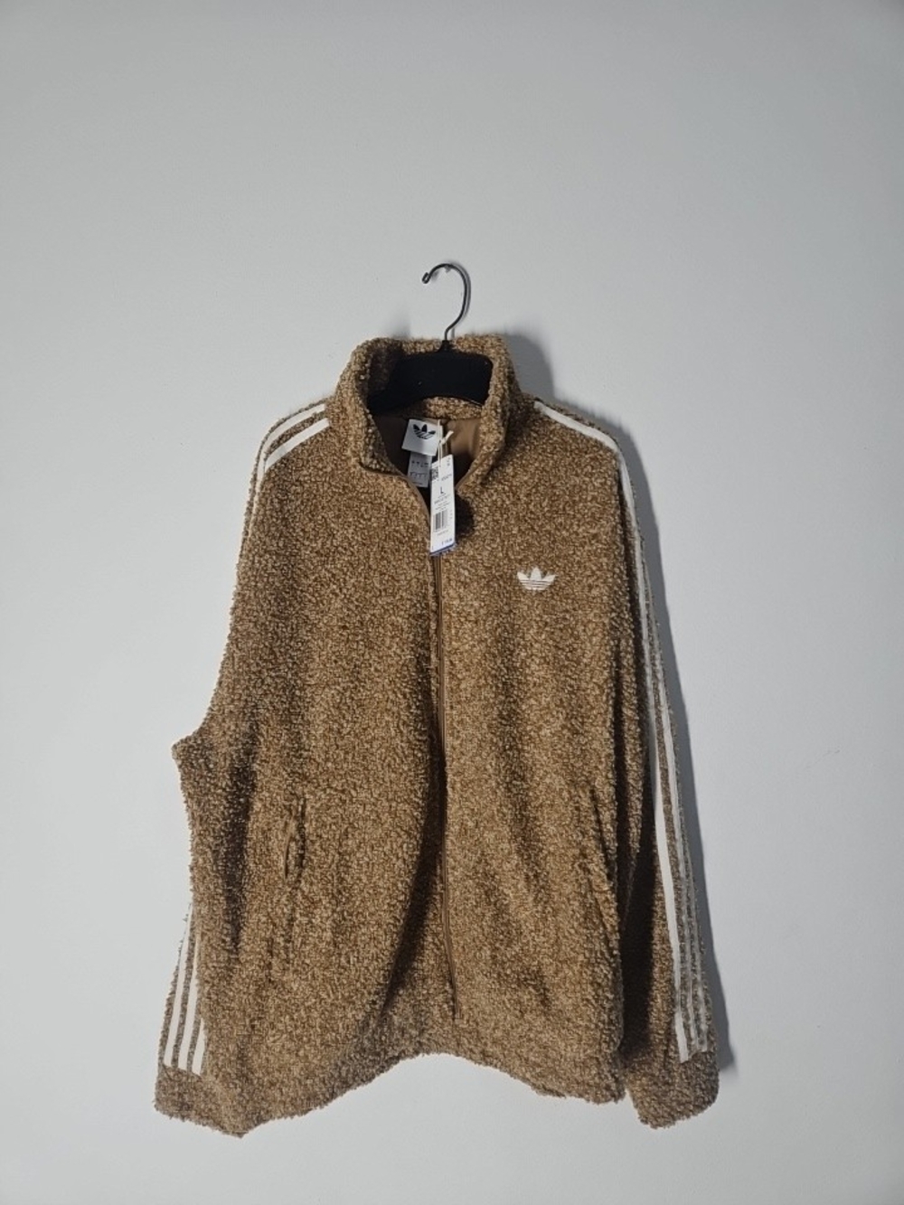 adidas Tan adidas Tan Sherpa Zip Jacket with White Stripes Size L Fast Shipping